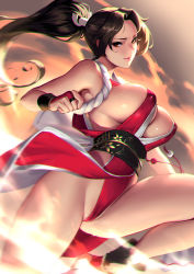 Rule 34 | 1girl, bare shoulders, bouncing breasts, breasts, brown eyes, brown hair, cian yo, cleavage, clenched hand, fatal fury, fighting stance, gloves, high ponytail, japanese clothes, large breasts, leg up, legs, looking at viewer, ninja, obi, partially fingerless gloves, pelvic curtain, pink lips, ponytail, red footwear, revealing clothes, ribbon, rope, sash, shiranui mai, sideboob, solo, sweat, sweatdrop, the king of fighters, thighs, thong, underboob, white ribbon