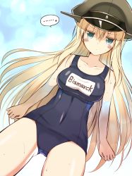 Rule 34 | ..., 10s, 1girl, alternate costume, bismarck (kancolle), blonde hair, blush, breasts, character name, green eyes, hat, highres, kantai collection, large breasts, long hair, looking at viewer, military hat, name tag, ohta yuichi, one-piece swimsuit, peaked cap, school swimsuit, solo, swimsuit