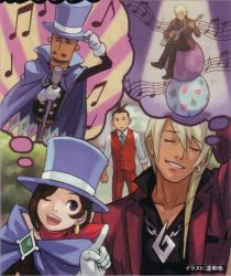 Rule 34 | 1girl, 2boys, ace attorney, apollo justice, apollo justice: ace attorney, artist name, blonde hair, blue hat, blue necktie, brown hair, capcom, cape, earrings, hat, jewelry, klavier gavin, magician, magician&#039;s hat, microphone, mr hat, multiple boys, musical note, necktie, pants, puppet, quaver, red pants, short hair, staff (music), thought bubble, top hat, trucy wright