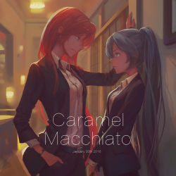 Rule 34 | 10s, 2016, 2girls, aqua eyes, aqua hair, backlighting, black jacket, black pants, collared shirt, cowboy shot, dated, dress shirt, edakai, eye contact, formal, from side, hand in pocket, hatsune miku, height difference, indoors, jacket, kabedon, long hair, long sleeves, looking at another, megurine luka, multiple girls, open clothes, open jacket, own hands together, pants, parted lips, pink hair, profile, red hair, shirt, sketch, suit, text focus, twintails, v arms, very long hair, vocaloid, watch, white shirt, wristwatch, yuri