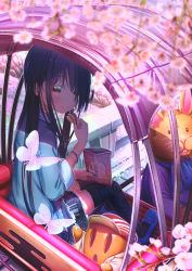 Rule 34 | 0 0, 1girl, aiuabo, animal, black hair, blue footwear, blue jacket, blue nails, bracelet, bug, butterfly, cherry blossoms, chips (food), clothed animal, clothes writing, commentary request, day, eating, food, haniwa (statue), highres, insect, jacket, jewelry, long hair, long sleeves, looking at another, nail polish, original, outdoors, potato chips, rabbit, reaching, red eyes, sitting, skirt, smile, spring (season), thighhighs, zettai ryouiki