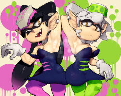Rule 34 | + +, 2girls, absurdres, arm up, armpits, artist name, bare shoulders, black hair, blue dress, bow-shaped hair, breasts, callie (splatoon), cleavage, closed mouth, cowboy shot, detached collar, dress, earrings, fangs, female focus, gloves, green pantyhose, grey hair, half-closed eye, half-closed eyes, hand up, happy, highres, inkling, jewelry, large breasts, leg up, lilmoonie, long hair, looking at viewer, marie (splatoon), mole, mole under eye, multicolored background, multiple girls, nintendo, object on head, one eye closed, open mouth, pantyhose, pink pantyhose, pointy ears, presenting armpit, shiny skin, short dress, short hair, siblings, sidelocks, signature, single earring, sisters, small breasts, smile, splatoon (series), splatoon 1, splatter background, standing, standing on one leg, steam, steaming body, strapless, strapless dress, sweat, symmetry, teeth, tentacle hair, tentacles, twintails, wet, wet clothes, white gloves, wink, yellow eyes