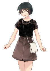 Rule 34 | 1girl, alternate costume, bag, black hair, black shirt, brown skirt, denim, denim skirt, hair ornament, hairclip, kantai collection, lace, lace-trimmed shirt, lace trim, mogami (kancolle), open mouth, satsumi, shirt, short sleeves, simple background, skirt, solo, white background