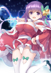 Rule 34 | 1girl, :d, aria (koiiroharemoyou), armpits, bag, bb (fate), bb (fate/extra), bell, black footwear, blurry, blurry background, blush, bow, bow legwear, breasts, christmas, cleavage, clothes lift, commentary request, detached sleeves, dress, dress lift, eyelashes, eyes visible through hair, fate/extra, fate/extra ccc, fate (series), fur-trimmed dress, fur-trimmed sleeves, fur trim, gift bag, green bow, green ribbon, groin, hair bell, hair between eyes, hair bow, hair ornament, hair ribbon, hand on own hip, hand up, holding, holding bag, impossible clothes, large breasts, long hair, long sleeves, looking at viewer, mary janes, night, open mouth, outdoors, panties, purple eyes, purple hair, ribbon, santa dress, shiny skin, shoes, short dress, skindentation, sleeveless, sleeveless dress, smile, smug, snowing, solo, sparkle, standing, standing on one leg, thighhighs, thighs, underwear, v-shaped eyebrows, white fur, white panties, white thighhighs, wide sleeves, wind, wind lift, winter