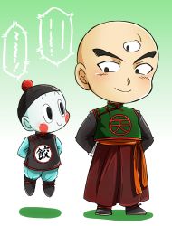 Rule 34 | 2boys, arms behind back, bald, black eyes, blush stickers, chaozu, chibi, chinese clothes, colored skin, dragon ball, floating, gradient background, green background, hat, male focus, multiple boys, nn (kingdamu22), size difference, smile, tenshinhan, third eye, white skin
