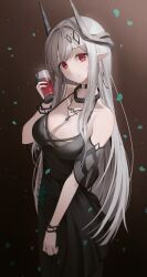 Rule 34 | 1girl, absurdres, arknights, black background, black choker, black dress, black gloves, bracelet, breasts, choker, cleavage, closed mouth, collarbone, commentary, cowboy shot, cup, demon horns, dress, drink, earrings, gloves, gradient background, grey hair, hair ornament, halter dress, halterneck, highres, holding, holding cup, horns, jewelry, long hair, looking at viewer, masmas (bugi), medium breasts, mudrock (arknights), mudrock (obsidian) (arknights), neck ring, necklace, official alternate costume, partially fingerless gloves, pointy ears, red eyes, see-through, sidelocks, simple background, single glove, sleeveless, sleeveless dress, smile, solo, standing, straight hair
