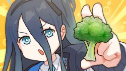 Rule 34 | 1girl, :o, aris (blue archive), black hair, blue archive, blue eyes, blue necktie, bright pupils, broccoli, collared shirt, emphasis lines, food, foreshortening, hair between eyes, halo, hand up, holding, holding food, jacket, long hair, long hair between eyes, long sleeves, looking at viewer, necktie, outstretched arm, rectangular halo, sechi (sechihyeo), shirt, solo, upper body, v-shaped eyebrows, very long hair, white pupils, white shirt, yellow background