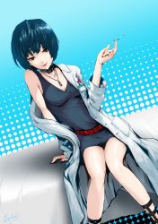 Rule 34 | 10s, 1girl, aqua background, bed, belt, blue hair, bob cut, breasts, choker, cleavage, collar, doctor, dress, hamakado mondo, highres, hospital bed, id card, id tag, jewelry, lab coat, leaning to the side, lipstick, makeup, nail polish, necklace, pen, persona, persona 5, red eyes, removing coat, short hair, sitting, small breasts, smile, solo, studded collar, syringe, takemi tae, thighs