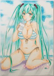 Rule 34 | 1girl, aqua eyes, aqua hair, beach, bikini, bokochanhimetti, breasts, cleavage, drink, drinking, drinking straw, front-tie top, hatsune miku, highres, large breasts, long hair, looking at viewer, ocean, sample watermark, sitting, solo, striped bikini, striped clothes, swimsuit, thighs, traditional media, twintails, very long hair, vocaloid, wariza, water, watermark