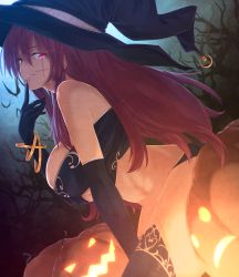 Rule 34 | 1girl, black gloves, breasts, curvy, elbow gloves, gloves, halloween, hat, ibuki notsu, jack-o&#039;-lantern, large breasts, long hair, looking at viewer, midriff, original, red eyes, red hair, scar, sitting, smile, solo, wide hips, witch hat