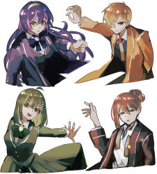 Rule 34 | 2boys, 2girls, alternate color, alternate eye color, alternate hair color, blue eyes, bow, bowtie, breasts, brown hair, closed mouth, coat, color switch, cropped torso, green bow, green bowtie, green coat, green hair, hair ornament, hairband, hairclip, highres, hod (project moon), library of ruina, long sleeves, looking at viewer, medium breasts, multiple boys, multiple girls, nakame77, orange hair, project moon, purple coat, purple hair, red eyes, simple background, sweat, upper body, white background, yellow coat, yellow eyes, yellow hairband