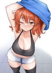 Rule 34 | 1girl, arms up, breasts, cleavage, commentary request, crop top, fate/grand order, fate (series), from above, fujimaru ritsuka (female), hair between eyes, hair ornament, hair scrunchie, kanameya, large breasts, navel, one eye closed, orange eyes, orange hair, scrunchie, shorts, side ponytail, solo, sweatdrop, thighhighs, undressing