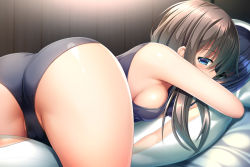 Rule 34 | 1girl, ass, blue eyes, bra, breasts, brown hair, cameltoe, commentary, dakimakura (object), from behind, grey bra, grey panties, indoors, long hair, looking at viewer, looking back, lying, medium breasts, noshimasa, hugging object, on bed, on stomach, original, panties, pillow, pillow hug, sideboob, solo, thighs, underwear, wooden wall