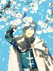Rule 34 | 1boy, arm up, blue background, blue eyes, blue hair, blue jacket, branch, capelet, chamwa, commentary, day, english commentary, flower, highres, himmel (sousou no frieren), jacket, long sleeves, looking at viewer, male focus, open mouth, outdoors, short hair, simple background, smile, solo, sousou no frieren, upper body, white capelet, white flower