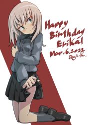 Rule 34 | 1girl, absurdres, artist name, birthday, black footwear, black skirt, blue eyes, blush, character name, closed mouth, clothes lift, dated, dress shirt, english text, frown, girls und panzer, grey hair, grey shirt, grey socks, hand on own arm, happy birthday, head tilt, highres, insignia, itsumi erika, kneeling, kuromorimine school uniform, kuroneko douji, lifting own clothes, loafers, long sleeves, looking at viewer, medium hair, miniskirt, pleated skirt, school uniform, shirt, shoes, signature, skirt, skirt lift, socks, solo, wing collar