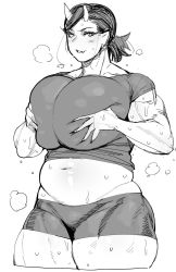 Rule 34 | 1girl, belly, breasts squeezed together, breasts, earrings, elf-san wa yaserarenai., fang, greyscale, highres, horns, huge breasts, jewelry, looking at viewer, midriff, monochrome, muscular, muscular female, navel, oga (elf-san wa yaserarenai.), plump, pointy ears, ponytail, short hair, short shorts, shorts, simple background, smile, solo, synecdoche, thick arms, thick thighs, thighs, white background