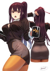 Rule 34 | 1girl, ass, black shirt, collared shirt, cup, girls&#039; frontline, hair ribbon, high ponytail, highres, holding, holding cup, kion-kun, long hair, long sleeves, looking at viewer, multiple views, open mouth, pantyhose, pantylines, purple hair, red eyes, red ribbon, ribbon, shirt, shirt tucked in, simple background, teeth, tongue, tying hair, upper teeth only, wa2000 (girls&#039; frontline), white background, white shirt, yellow pantyhose