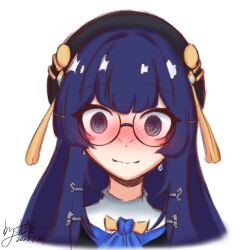 Rule 34 | 1girl, @ @, black hat, blue eyes, blue hair, blush, chinese commentary, dated, flustered, glasses, hair ornament, hairclip, hat, highres, honkai: star rail, honkai (series), looking at viewer, nose blush, pela (honkai: star rail), portrait, signature, simple background, solo, straight-on, sweat, tassel hat ornament, thick eyelashes, wavy mouth, white background, xpjz20061108