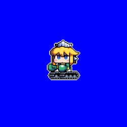 Rule 34 | 1girl, alternate hair color, animated, animated gif, blonde hair, blue background, blue eyes, bombergirl, boxing gloves, caterpillar tracks, commentary request, emera (bombergirl), full body, green shirt, highres, open mouth, shirt, short hair, simple background, solo, spring (object), tonchamon san