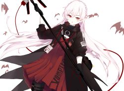 Rule 34 | 1girl, arknights, bad id, bad pixiv id, bat (animal), black gloves, black jacket, black pantyhose, blood, blood bag, braid, cross hair ornament, crown braid, dress, elite ii (arknights), gloves, hair between eyes, hair ornament, highres, jacket, long hair, looking at viewer, open clothes, open jacket, pale skin, pantyhose, parted lips, pleated dress, pointy ears, red dress, red eyes, solo, tokoi, vampire, very long hair, warfarin (arknights), warfarin (elite ii) (arknights), white hair