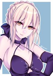 Rule 34 | 1girl, artoria pendragon (all), artoria pendragon (fate), bad id, bad pixiv id, bare shoulders, black gloves, blonde hair, breasts, elbow gloves, fate/grand order, fate/stay night, fate (series), gloves, looking at viewer, saber (fate), saber alter, shisei (kyuushoku banchou), sleeveless, smile, solo, yellow eyes
