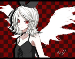 Rule 34 | 1girl, alternate hair color, bad id, bad pixiv id, checkered background, hair ornament, hairclip, kagamine rin, letterboxed, looking at viewer, red eyes, sei000, short hair, smile, solo, vocaloid, white hair, wings