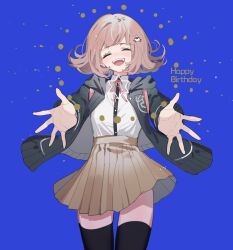 Rule 34 | 1girl, ^ ^, backpack, bag, black thighhighs, blue background, blue jacket, blush, brown skirt, buttons, chinese commentary, closed eyes, clothes lift, collared shirt, commentary request, cowboy shot, danganronpa (series), danganronpa 2: goodbye despair, english text, eyelashes, galaga, hair ornament, hairclip, happy, happy birthday, high-waist skirt, hood, hood down, hooded jacket, jacket, jacket lift, long sleeves, miniskirt, nanami chiaki, neck ribbon, open clothes, open jacket, open mouth, outstretched arms, pink hair, pink ribbon, pleated skirt, ribbon, shirt, short hair, simple background, skirt, smile, solo, star (symbol), sweater jacket, teeth, thighhighs, two-sided fabric, two-sided jacket, unagi (nakaelric), upper teeth only, white shirt