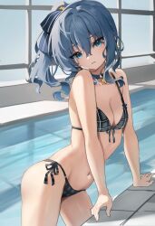 Rule 34 | 1girl, absurdres, bare shoulders, bikini, blue eyes, blue hair, blush, breasts, choker, cleavage, earrings, front-tie bikini top, front-tie top, hair between eyes, highres, hololive, hoshimachi suisei, jewelry, long hair, looking at viewer, navel, pool, poolside, ribbon, scarlet (wv0102), side-tie bikini bottom, side ponytail, small breasts, solo, star (symbol), star earrings, swimsuit, thighs, virtual youtuber, wading