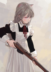 Rule 34 | 1girl, animal ear fluff, animal ears, apron, black dress, blush, bolt action, breasts, brown hair, cat ears, cat girl, dress, eyelashes, fkey, frilled apron, frills, gun, highres, holding, holding gun, holding weapon, juliet sleeves, long hair, long sleeves, looking away, maid, maid apron, neck ribbon, original, puffy sleeves, red eyes, red ribbon, ribbon, rifle, sidelocks, sniper rifle, solo, trigger discipline, weapon, white apron