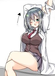 Rule 34 | 1girl, ;o, aqua hair, arms up, arrow (symbol), blush, breasts, coat, collared shirt, commentary request, crossed bangs, crossed legs, curvy, feet out of frame, grabbing own arm, green eyes, grey skirt, hair between eyes, highres, impossible clothes, lab coat, large breasts, long hair, long sleeves, looking at viewer, miniskirt, necktie, one eye closed, open clothes, open coat, open mouth, pleated skirt, raion (inoueraion), red necktie, riddle joker, school uniform, shikibe mayu, shirt, simple background, sitting, skirt, solo, stretching, tears, thighs, white background, white shirt, yawning