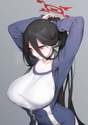 Rule 34 | 1girl, absurdres, adjusting hair, black hair, blue archive, breasts, grey background, gym uniform, hair between eyes, halo, hasumi (blue archive), hasumi (track) (blue archive), highres, jacket, large breasts, long hair, miramu (ramu450471), mole, mole under eye, official alternate costume, open mouth, ponytail, red eyes, simple background, solo