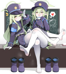Rule 34 | 2girls, absurdres, black footwear, black hat, black jacket, black skirt, black tail, blue archive, blush, boots, chalkboard, chinese commentary, closed mouth, demon tail, doodle sensei (blue archive), earrings, fang, feet, fengqun, foot focus, gloves, green hair, green halo, hair between eyes, halo, hat, heart, highres, hikari (blue archive), jacket, jewelry, long hair, long sleeves, multiple girls, nozomi (blue archive), open mouth, pantyhose, peaked cap, pleated skirt, pointy ears, presenting foot, sensei (blue archive), siblings, single earring, sisters, skin fang, skirt, smile, soles, spoken heart, suou (blue archive), tail, toes, twins, white gloves, white pantyhose, yellow eyes
