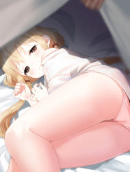Rule 34 | 10s, 1girl, ass, bad id, bad pixiv id, bed sheet, blonde hair, blurry, blush, brown eyes, closed mouth, depth of field, foreshortening, from behind, furururu, futaba anzu, hair tie, idolmaster, idolmaster cinderella girls, indoors, long hair, looking at viewer, low twintails, lying, off shoulder, on side, oversized clothes, oversized shirt, panties, pink panties, pov, pov hands, shirt, sleepy, solo focus, t-shirt, thighs, twintails, under covers, underwear, white shirt