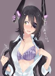 Rule 34 | 10s, 1girl, amami amayu, blush, bra, breasts, cleavage, eyepatch, full-face blush, headgear, hot, kantai collection, necktie, open clothes, open mouth, open shirt, purple bra, purple hair, shirt, short hair, simple background, solo, sweat, tenryuu (kancolle), underwear, undressing, yellow eyes