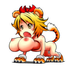 Rule 34 | 1girl, animal ears, animal hands, ao usagi, blonde hair, breasts, brown eyes, fangs, female focus, hair ornament, kemonomimi mode, large breasts, multicolored hair, nipples, nude, open mouth, short hair, solo, tail, tiger ears, tiger tail, toramaru shou, touhou, two-tone hair