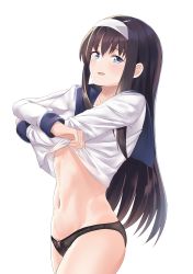 Rule 34 | 1girl, :d, absurdres, black hair, blue eyes, blue sailor collar, blush, bow, bow panties, clothes lift, collarbone, commentary request, hair between eyes, highres, i.f.s.f, lifted by self, long hair, looking at viewer, navel, no pants, open mouth, panties, sailor collar, school uniform, serafuku, shirt, shirt lift, simple background, smile, solo, tohno akiha, tsukihime, underwear, very long hair, white background, white panties, white shirt