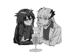 Rule 34 | 2girls, arknights, bad id, bad pixiv id, black choker, brown hair, choker, collared shirt, crazy straw, dragon horns, drinking straw, earrings, eye contact, feather hair, greyscale, heart straw, highres, horns, jewelry, lab coat, light blush, long hair, looking at another, monochrome, multiple girls, saria (arknights), shared drink, shared straw, shirt, short hair, silence (arknights), simple background, sleeves rolled up, sweater, white background, white hair, yuri, zy (zyyyyyyy9)