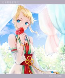 Rule 34 | 1girl, 2020, alternate costume, aoji (pixiv951678), bad id, bad pixiv id, blonde hair, blue eyes, blue sky, bracelet, commentary request, curtains, dated, detached sleeves, dress, earrings, flare en kuldes, flower, gensou suikoden, gensou suikoden iv, hair up, highres, holding, holding flower, huge filesize, jewelry, red flower, short ponytail, sky, smile, solo, twitter username, white dress, white sleeves
