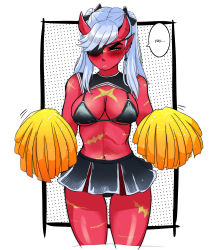 Rule 34 | 1girl, accessories, black bra, black panties, black ribbon, black shirt, black skirt, blush, bra, breasts, cheerleader, cleavage, colored skin, cross, cross earrings, demon girl, dots, ear piercing, earrings, english text, eyepatch, frown, hair ribbon, highres, horns, injury, jewelry, long hair, looking away, miniskirt, motion lines, navel, original, paneled background, panties, piercing, pleated skirt, pointy ears, pom pom (cheerleading), red skin, red stripes, ribbon, samanator club, scar, scar on arm, scar on chest, scar on face, scar on leg, scar on nose, scar on stomach, shirt, shrug (clothing), simple background, skirt, sleeveless, sleeveless shirt, speech bubble, squinting, striped, sweatdrop, thigh gap, thighs, twintails, underwear, white background, white hair, white trim, yellow eyes, yellow pom poms