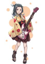 Rule 34 | 1girl, alternate costume, boots, brown footwear, brown hakama, commentary request, cross-laced footwear, electric guitar, floral print, forehead, full body, gradient hair, green hair, guitar, hair ribbon, hakama, hakama short skirt, hakama skirt, half updo, highres, instrument, japanese clothes, kantai collection, kimono, lace-up boots, ld (luna dial398), medium hair, multicolored hair, ribbon, simple background, skirt, solo, suzunami (kancolle), white background, white hair, white ribbon, yellow kimono
