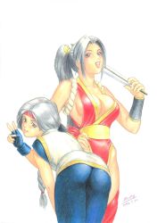 Rule 34 | 2girls, ass, bent over, breasts, cleavage, hand fan, female focus, grey hair, highres, large breasts, long hair, looking at viewer, multiple girls, shiranui mai, snk, standing, the king of fighters, v, yuri sakazaki