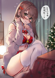 Rule 34 | 1girl, absurdres, black-framed eyewear, blush, bow, bowtie, bra, breasts, brown hair, christmas tree, cleavage, dated, embarrassed, fingernails, flying sweatdrops, geshumaro, glasses, green eyes, grey jacket, hair bow, hands up, highres, jacket, kotatsu, long hair, long sleeves, looking at viewer, nail polish, open mouth, original, panties, pink nails, red bow, red bowtie, red bra, signature, sitting, solo, table, underwear, white panties