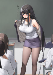 Rule 34 | 1girl, black eyes, black hair, blush, breasts, brown pantyhose, classroom, cleavage, collarbone, commentary request, hair ornament, hairclip, hot, jacket, kaisen chuui, large breasts, long hair, multiple girls, open mouth, original, pantyhose, purple eyes, purple jacket, solo focus, standing, sweat, sweater vest, undressing, white sweater vest