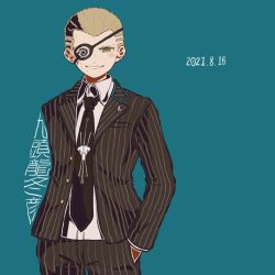 Rule 34 | 1boy, blonde hair, blush stickers, brown jacket, brown necktie, brown pants, collared shirt, commentary request, cowboy shot, danganronpa (series), danganronpa 2: goodbye despair, dated, eyepatch, formal, freckles, green background, hand in pocket, jacket, kiri (2htkz), kuzuryu fuyuhiko, long sleeves, looking at viewer, male focus, necktie, pants, shirt, short hair, simple background, smile, solo, striped clothes, striped jacket, suit, translation request