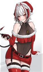 Rule 34 | + +, 1girl, absurdres, ahoge, alternate costume, antenna hair, arknights, arm support, armpit crease, bare shoulders, belt, belt buckle, black belt, black choker, black garter belt, black leotard, black tail, black thighhighs, blush, breasts, buckle, choker, christmas, cleavage, clenched teeth, collarbone, commentary request, contrapposto, covered navel, cowboy shot, demon girl, demon horns, demon tail, detonator, dyed ahoge, elbow gloves, eyelashes, fingerless gloves, fingernails, fur-trimmed gloves, fur-trimmed headwear, fur-trimmed legwear, fur trim, garter belt, gloves, grey hair, grin, hair between eyes, hand up, hat, headhunting permit (arknights), highleg, highleg leotard, highres, holding, horns, invisible object, leotard, long hair, long sleeves, looking at viewer, medium breasts, miniskirt, myb52, nail polish, o-ring, o-ring choker, orange eyes, parted bangs, parted lips, pom pom (clothes), red footwear, red gloves, red hat, red horns, red nails, red skirt, santa costume, santa hat, see-through, see-through leotard, shiny clothes, shiny legwear, simple background, skirt, sleeveless, smile, solo, standing, tail, teeth, thighhighs, thighs, w (arknights), white background, wide hips
