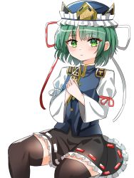 Rule 34 | 1girl, balance scale, black skirt, black thighhighs, blue hat, blue vest, closed mouth, epaulettes, frilled hat, frills, green eyes, green hair, hat, highres, juliet sleeves, kiui (dagk8254), long sleeves, looking at viewer, own hands together, puffy sleeves, ribbon-trimmed skirt, ribbon trim, rod of remorse, shiki eiki, shirt, short hair, simple background, sitting, skirt, solo, thighhighs, touhou, vest, weighing scale, white background, white shirt, wide sleeves