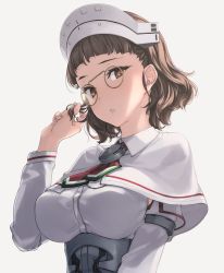 Rule 34 | 1girl, ascot, breasts, brown eyes, brown hair, capelet, collared shirt, corset, eyewear strap, glasses, grey background, hand in own hair, hat, kantai collection, large breasts, long sleeves, looking at viewer, parted lips, rokuwata tomoe, roma (kancolle), shirt, short hair, sideboob, simple background, solo, teeth, upper body, white hat, white shirt