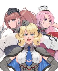 Rule 34 | 3girls, armpit cutout, atlanta (kancolle), black headwear, blonde hair, blouse, blue eyes, blue neckwear, braid, breasts, brown hair, capelet, clothing cutout, colorado (kancolle), commentary request, dress, dress shirt, earrings, elbow gloves, garrison cap, gloves, grey dress, grey eyes, grey headwear, hat, headgear, highres, index finger raised, jewelry, kantai collection, kuroi ani, large breasts, long hair, luigi di savoia duca degli abruzzi (kancolle), multicolored hair, multiple girls, necktie, partially fingerless gloves, pink hair, pleated dress, purple eyes, red hair, shirt, short hair, side braids, sideboob, simple background, sleeveless, star (symbol), star earrings, streaked hair, twin braids, two side up, upper body, white background, white gloves, white shirt