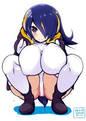 Rule 34 | 1girl, alternate breast size, ass, black footwear, black gloves, black hair, blue background, blush, boots, breasts, breasts squeezed together, brown eyes, cameltoe, cleft of venus, covered erect nipples, dated, emperor penguin (kemono friends), geroika, gloves, hair over one eye, headphones, highres, hood, huge ass, huge breasts, kemono friends, leotard, long hair, looking at viewer, multicolored hair, nipples, open mouth, orange hair, partially visible vulva, solo, squatting, streaked hair, sweat, sweatdrop, thighhighs, two-tone hair, wedgie, wet, white background, white leotard, white thighhighs