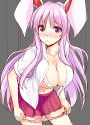Rule 34 | 1girl, animal ears, blush, bra, breasts, collarbone, commentary request, cowboy shot, grey background, hair between eyes, hisae (hisae collect), large breasts, leaning forward, lips, long hair, looking at viewer, miniskirt, navel, nose blush, open clothes, open shirt, panties, panty pull, pink bra, pink panties, pleated skirt, pulled by self, purple hair, rabbit ears, red eyes, red skirt, reisen udongein inaba, shirt, simple background, sketch, skirt, solo, standing, stomach, thighs, touhou, underwear, unfinished, very long hair, white shirt, wing collar